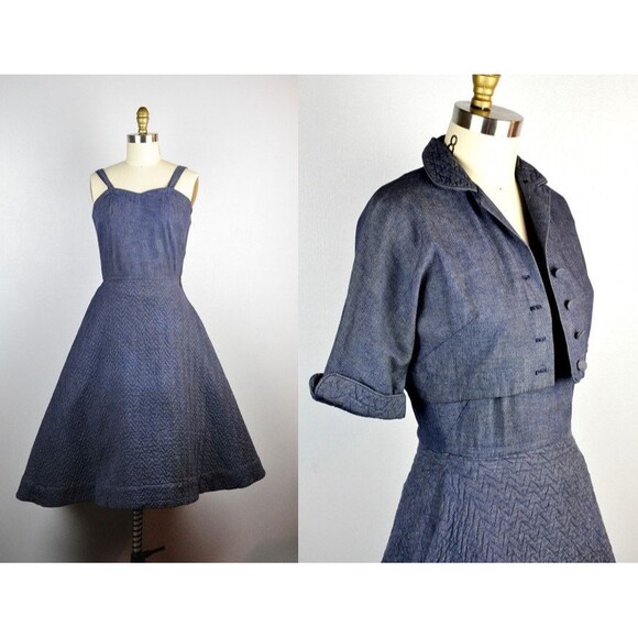 50s Quilted Full Skirt Dress 2 Pieces Dress & Cropped Blazer  Mid Century XS - S - Picture 1 of 5